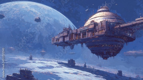 Futuristic Floating City with Massive Spaceship Over an Icy Landscape