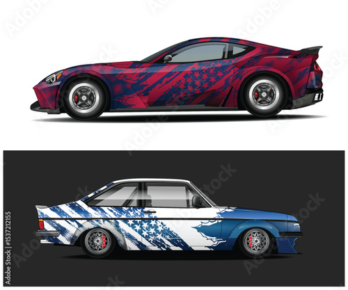 Two Custom Designed Race Cars with Abstract Blue and Red Wraps