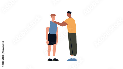 The illustration depicts two young adult men, one with light skin and short blonde hair and the other with dark skin and short black hair. The light-skinned man appears slightly hunched and