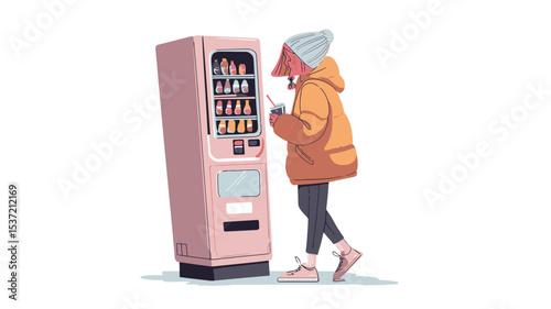A digital illustration depicts a young woman wearing a warm hat and jacket standing in front of a light pink vending machine, drinking from a beverage she has just purchased