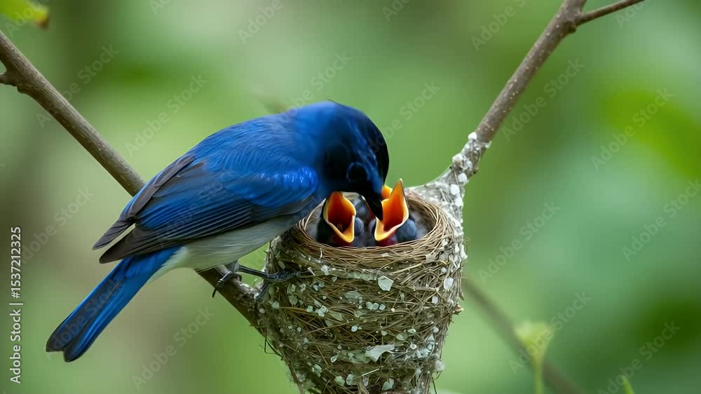 Blue bird feeding its young in a nest