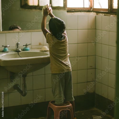 Child washing hands at the sink