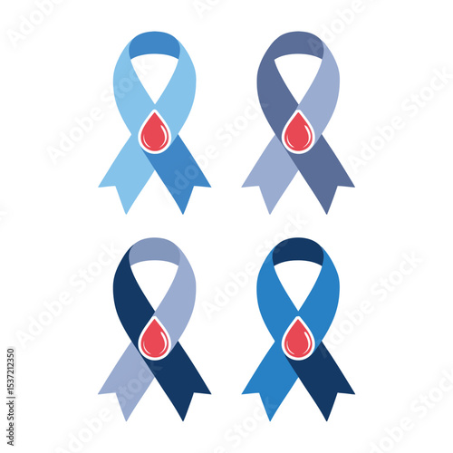 The image displays four awareness ribbons, all in varying shades of blue and gray, each featuring a red blood droplet.