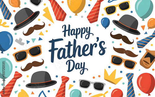 Happy Fathers Day Colorful Balloons Ties Hats Mustaches Sunglasses