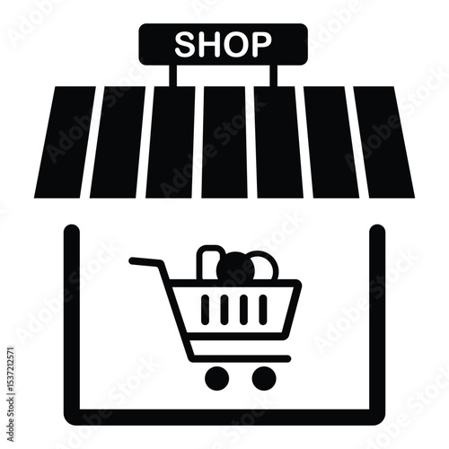 Store icon. Small shop icon, vector isolated on white background. Shopping building or market store, shopping cart icon. Vector illustration. EPS 10
