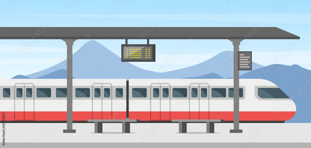 Empty railway station scene. Public train station concept. Vector stock
