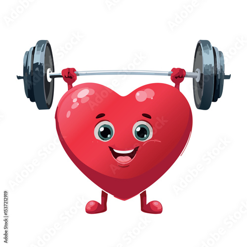 Heart lifting weights. Cartoon heart lifting barbell weights, cute illustration for heart health.