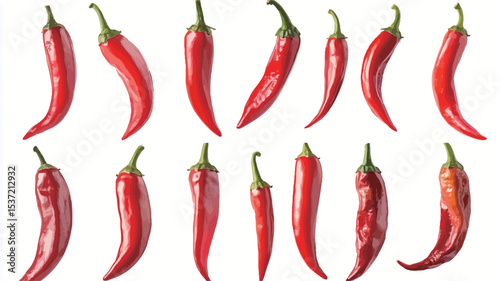 The image shows a collection of sixteen red chili peppers arranged in two rows of eight on a pure white background.  The peppers are various shapes and sizes, and some show slight variations in