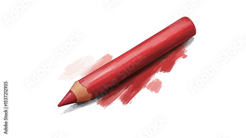 Close-up shot of a single, red crayon lying on a white background. The crayon is slightly angled, and there is a red stroke or smear of color next to it, suggesting recent use. 