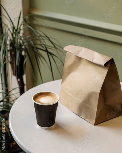 Coffee cup and paper bag on white table with green background
