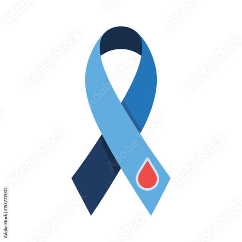 The image features a ribbon in shades of blue, with a red droplet symbol on the lower right part of the ribbon.