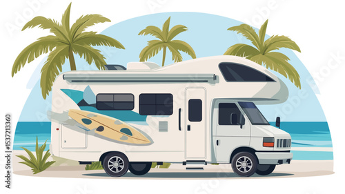 Illustration of a white Class C RV camper van parked on a sandy beach. The RV features an awning extended and a surfboard graphic on its side.  The background includes a stylized depiction of a