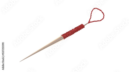 A close-up shot against a white background of a long, thin ice pick with a pointed tip. The handle is made of wood and wrapped in red material. A small red loop is attached to the top of the