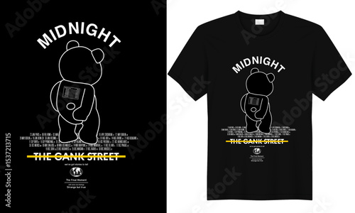 Midnight bear print tee design: A striking studio shot showcases a black tee with a unique bear print design. The graphic design, set against a dark backdrop, is both bold and stylish.