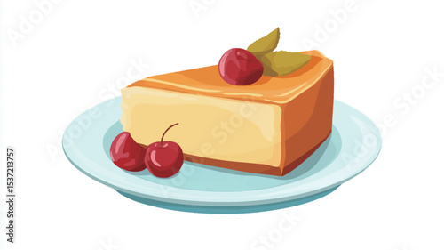 A digital illustration depicting a slice of cheesecake on a light blue plate. The cheesecake is light orange in color, showing a slightly browned crust at the base.  Two red cherries with green