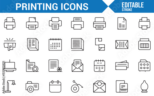 Vector Icons Representing Printing, Scanning, and Office Tasks