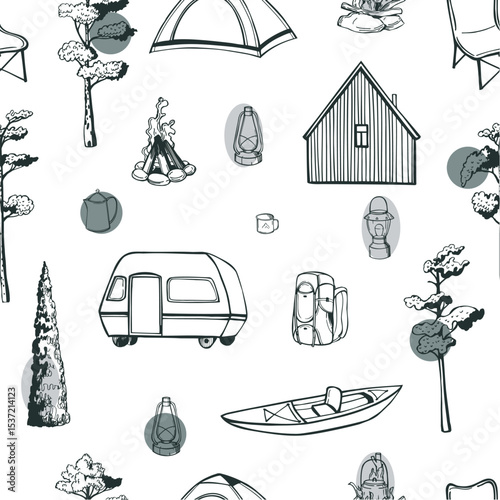 Wildland Trekking. Hand-drawn  stuff for camping.  Vector  seamless pattern.  