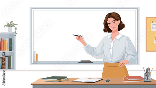 A digital illustration depicting a young woman, likely a teacher, standing in front of a large whiteboard in a classroom setting. She is holding a pen or marker, appearing to be mid-lesson.
