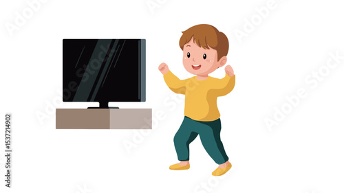A digital illustration of a happy cartoon boy with short brown hair, wearing a yellow long-sleeved shirt and teal pants, is depicted standing in front of a flat-screen television set on a brown