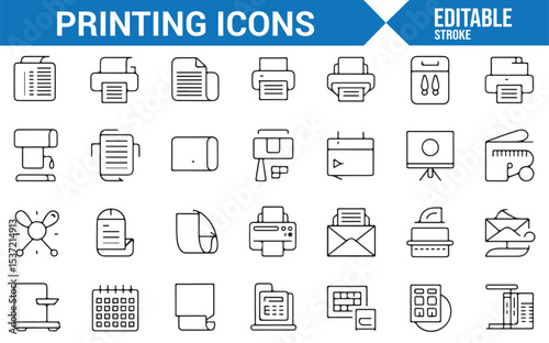 Vector Icons Representing Printers, Document Handling, and Office Tools