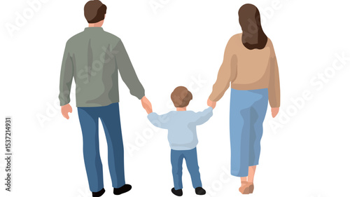 A digital illustration depicting a family of three—a father, mother, and young son—from a rear perspective. They are walking away from the viewer, holding hands, demonstrating unity and