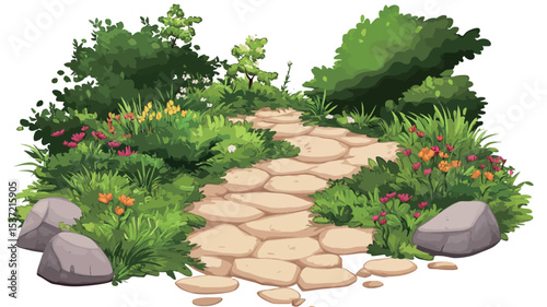 A digital painting or illustration depicts a winding stone path meandering through a lush garden. The path is composed of irregularly shaped, light beige stones.  The surrounding vegetation is