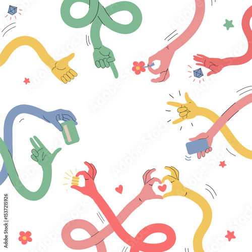 Long stretched hands background. Human arms holding different items, long curved limbs, Hand gestures, flower, coin, smartphone heart and thumb up tidy cartoon flat isolated set