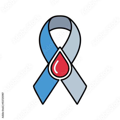 The image shows a ribbon made up of two colors, light blue and gray, with a red blood drop symbol in the middle.