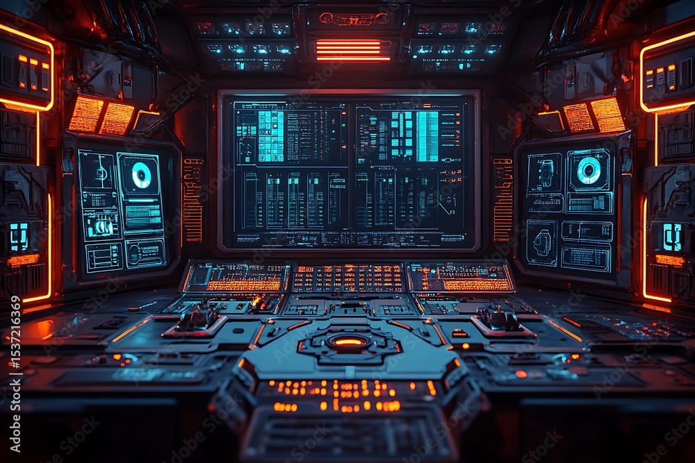 Obraz premium Futuristic command center interior featuring advanced technology and digital displays.