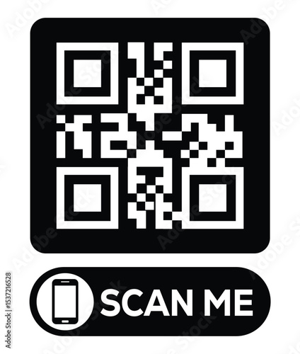 Centered black and white QR code grid on pure white background. Minimalist overhead view. Below, a centered "SCAN ME" button with smartphone icon. Clean, functional design for easy scanning.