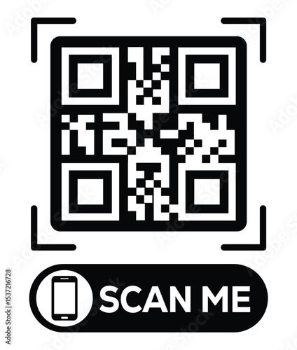 Centered black and white QR code grid on pure white background. Minimalist overhead view. Below, a centered "SCAN ME" button with smartphone icon. Clean, functional design for easy scanning.
