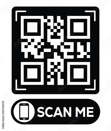 Centered black and white QR code grid on pure white background. Minimalist overhead view. Below, a centered "SCAN ME" button with smartphone icon. Clean, functional design for easy scanning.