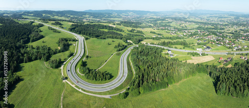 Winding switchback road in Poland. Aerial panorama