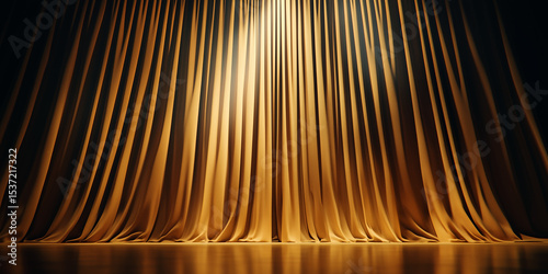 Gold stage curtains illuminated by spotlights in empty theater