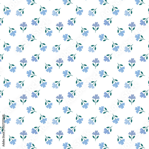 Cute floral seamless pattern. Repeated small blue flowers and  leaves on white background.