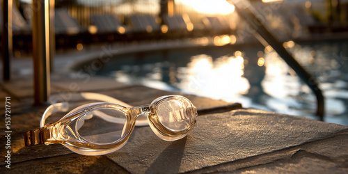 Swimming goggles resting on poolside at golden hour sunset