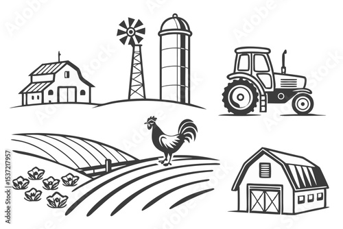 Classic Farm Illustration Set with Tractor and Barn