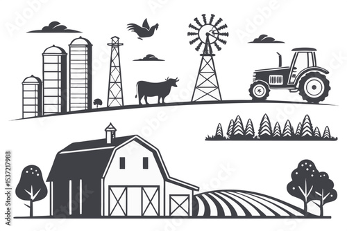 Scenic Farm Illustration Set with Tractor and Barn