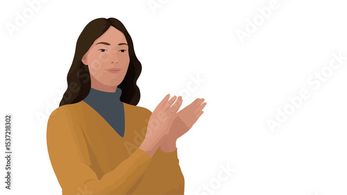 A digital illustration depicts a young woman with shoulder-length brown hair, wearing a mustard yellow sweater over a dark grey turtleneck. She is shown from the chest up, against a plain white