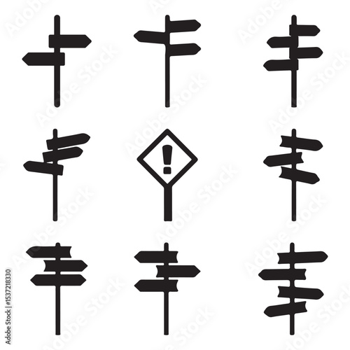 Road direction symbol pack featuring various signage silhouettes in black and white