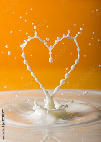 Milk drops forming heart shape on vibrant orange surface