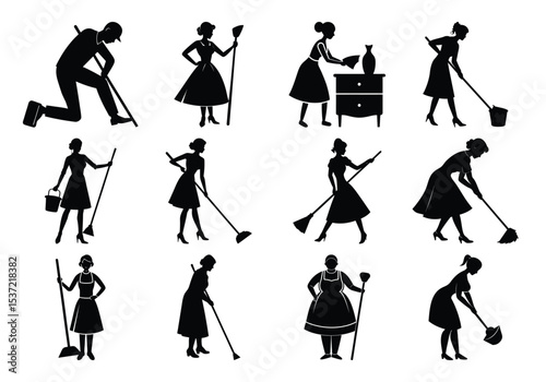 Silhouette Set of Women Doing House Cleaning in Various Vector Poses on white background 

