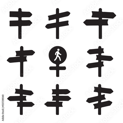 Silhouette of navigation and street signpost icons for outdoor travel concept