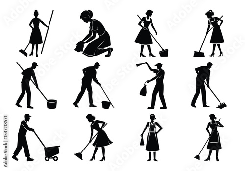 Silhouette Collection of Men and Women Cleaning in Vector Poses on white background 