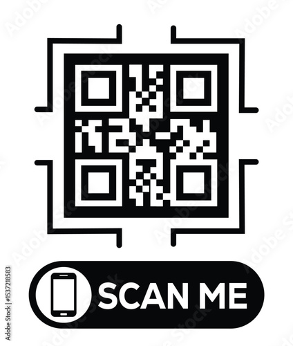Centered black and white QR code grid on pure white background. Minimalist overhead view. Below, a centered "SCAN ME" button with smartphone icon. Clean, functional design for easy scanning.