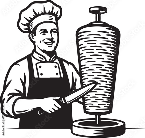 Doner Kebab Chef with Knife, Vertical Meat Spit, Grinning Cook