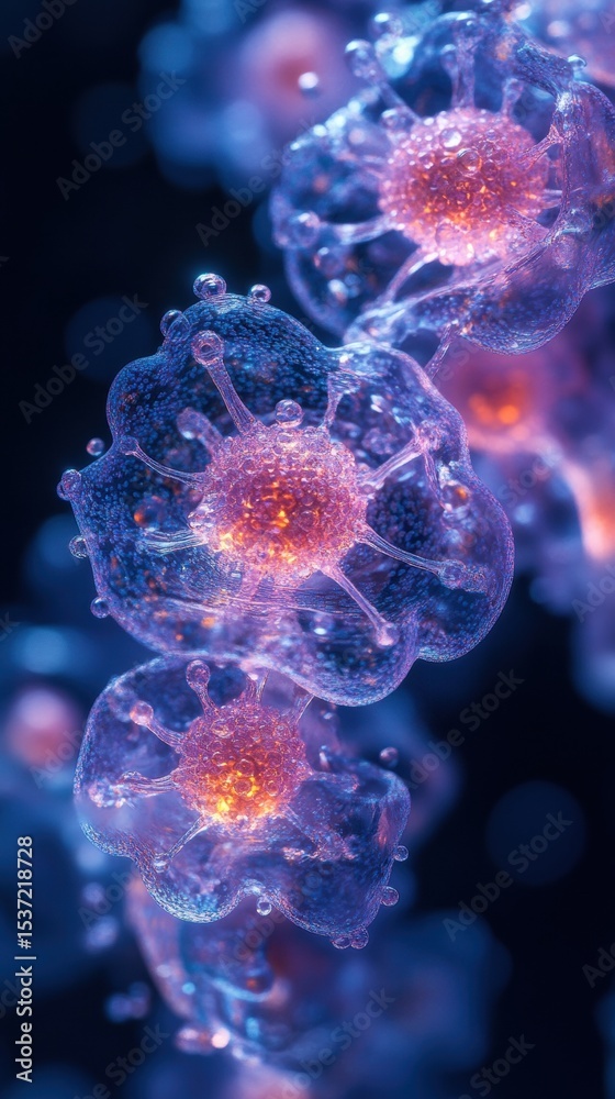 Obraz premium Microscopic View of Cellular Structures with Glowing Nuclei