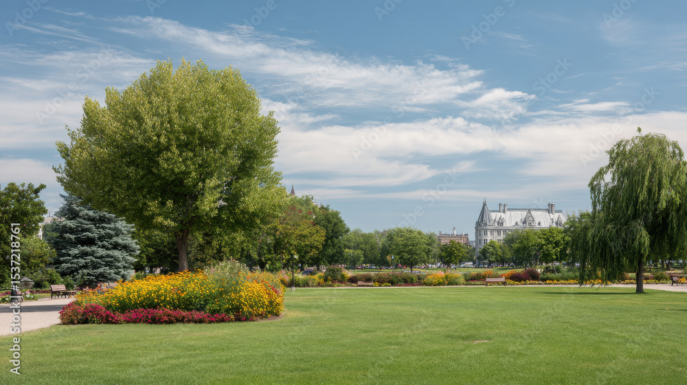 Naklejka premium serene summer landscape in montreals urban parks showcasing lush green trees and colorful flowers