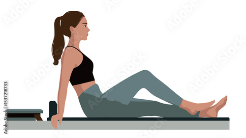 A vector illustration depicting a woman performing a Pilates leg exercise. She is seated on a reformer (partially visible), wearing a black sports top and teal leggings. Her posture is straight,