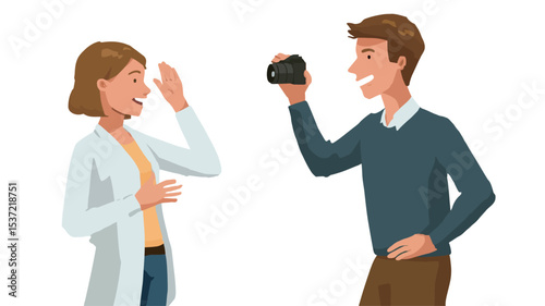 A digital illustration depicting a man and a woman. The man is holding a camera and appears to be taking a photo of the woman. Both are depicted in a cartoonish style with simple features and flat